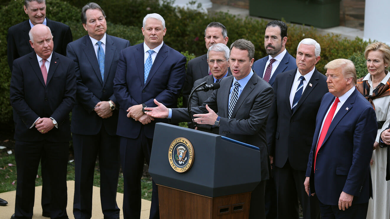assorted CEOs stand with Trump in the White House Rose Garden