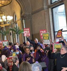 1199SEIU member and home care worker Sylvia Brockerton speaks at the rally.