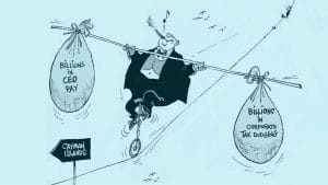 A man balances on a high wire with a bag labeled "billions in CEO pay" on one side and another bag labeled "billions in corporate tax dodging" on the other