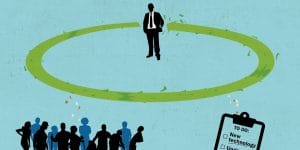 Silhouette of a man in a suit with a group of workers and a clipboard of tasks below.