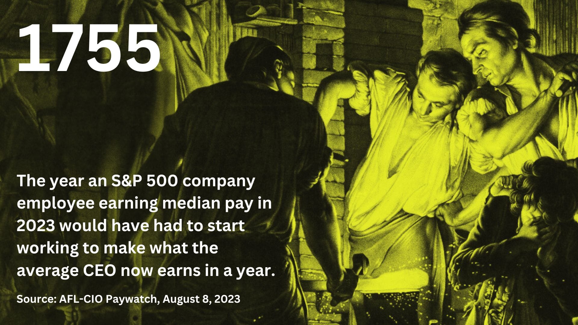 An oldtime-y drawing of workers with the text: 1755, the year an S&P 500 company employee earning median pay in 2023 would have had to start working to make what the average CEO now earns in a year. Source: AFL-CIO Paywatch, August 8, 2023