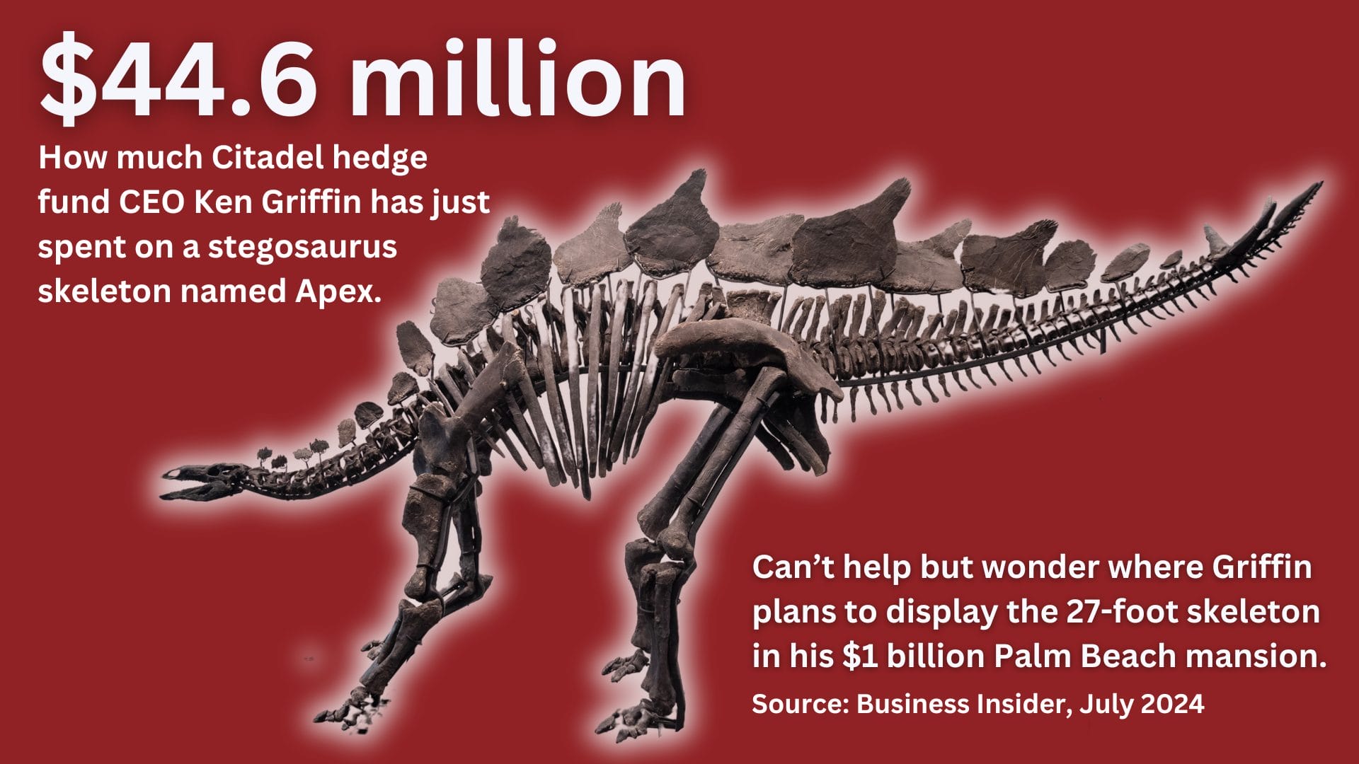 A stegosaurus skeleton with the text: $44.6 million, How much Citadel hedge fund CEO Ken Griffin has just spent on a stegosaurus skeleton named Apex. Can't help but wonder where Griffin plans to display the 27-foot skeleton in his $1 billion Palm Beach mansion. Source: Business Insider, July 2024