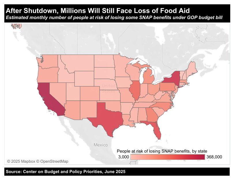 A map of where people are at risk of losing SNAP benefits.