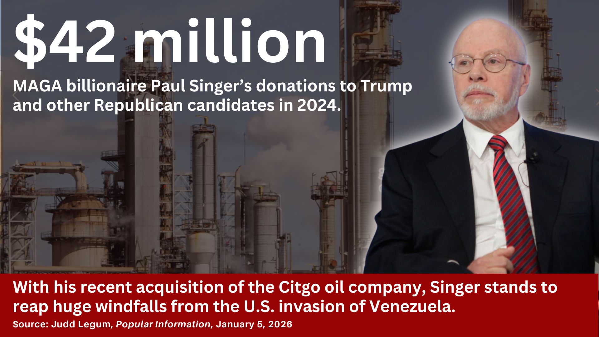A photo of Paul Singer with the text: $42 million, MAGA billionaire Paul Singer's donations to Trump and other Republican candidates in 2024. With his recent acquisition of the Citgo oil company, Singer stands to reap huge windfalls from the U.S. invasion of Venezuela. Source: Judd Legum, Popular Information, Janury 5, 2026