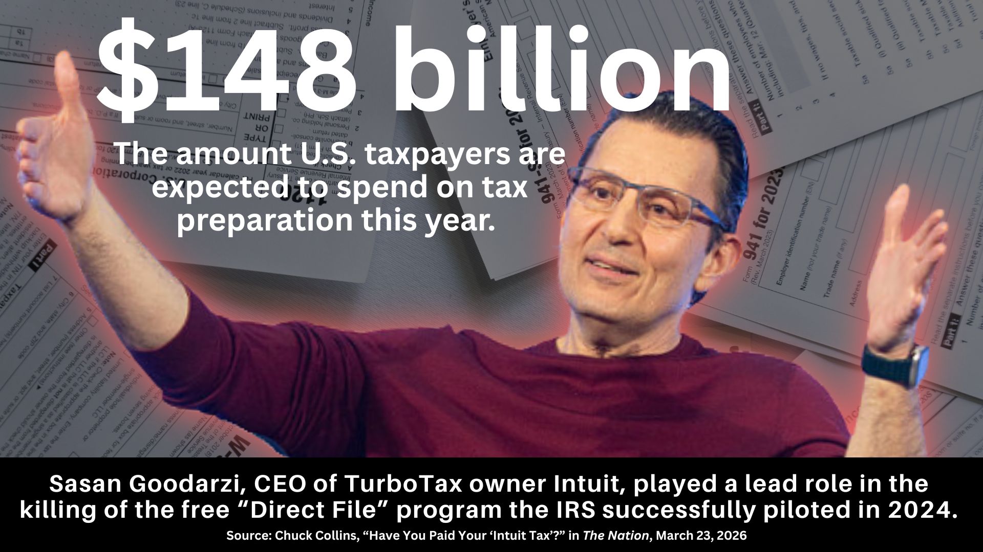 A photo of Sasan Goodarzi with the text: $148 billion, the amount U.S. taxpayers are expected to spend on tax preparation this year. Sasan Goodarzi, CEO of TurboTax owner Intuit, played a lead role int he killing of the free 