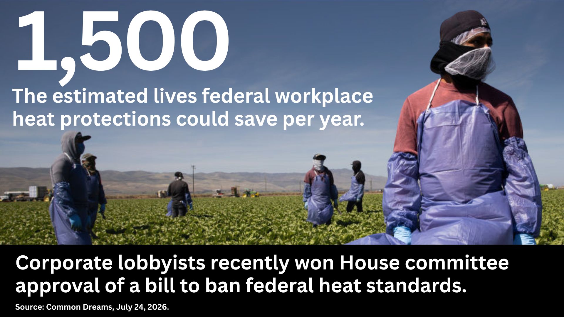 Farmers with the text: 1,500, the estimated lives federal workplace heat protections could save per year. Corporate lobbyists recently won House committee approval of a bill to ban federal heat standards. Source: Common Dreams, July 24, 2026.